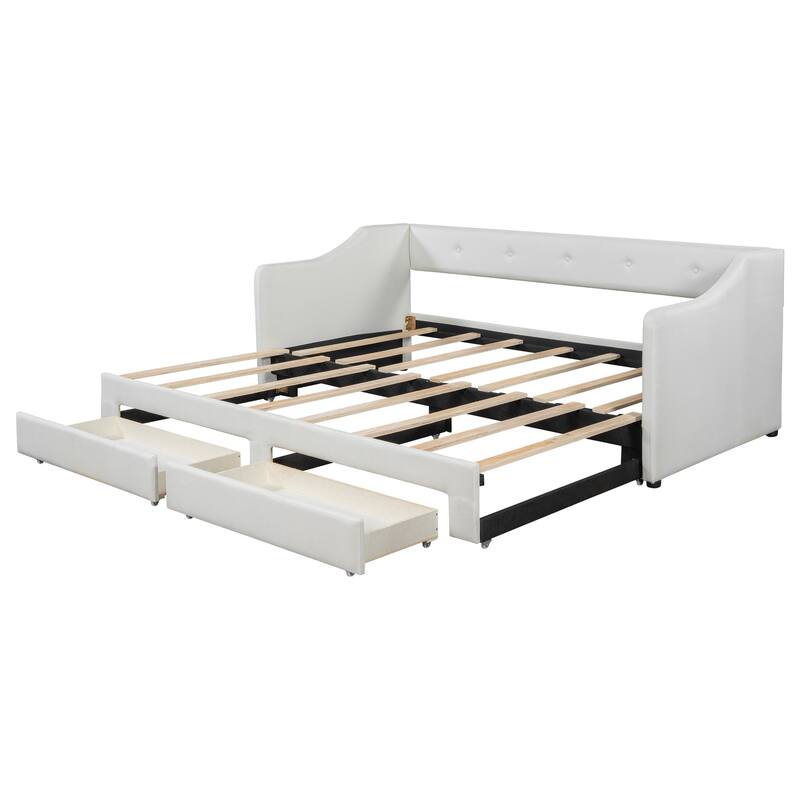 Twin XL to King Upholstered Daybed with Two Storage Drawers, Expandable Design, No Box Spring Required