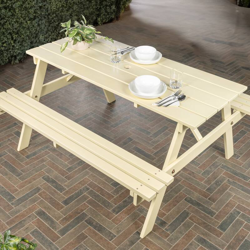 Porto 59" Modern Classic Outdoor Wood Picnic Table Benches with Umbrella Hole, by JONATHAN Y