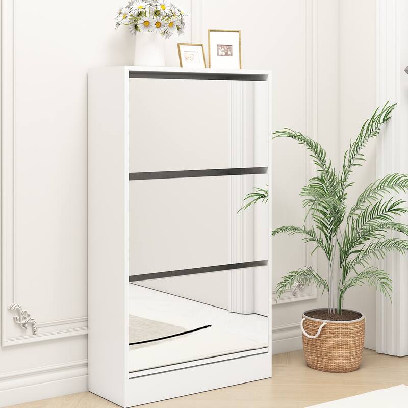 Narrow Shoe Storage Cabinet with Mirror, Wood Slim Shoe Rack 3 Tier Shoe Organizer for Home and Apartment,