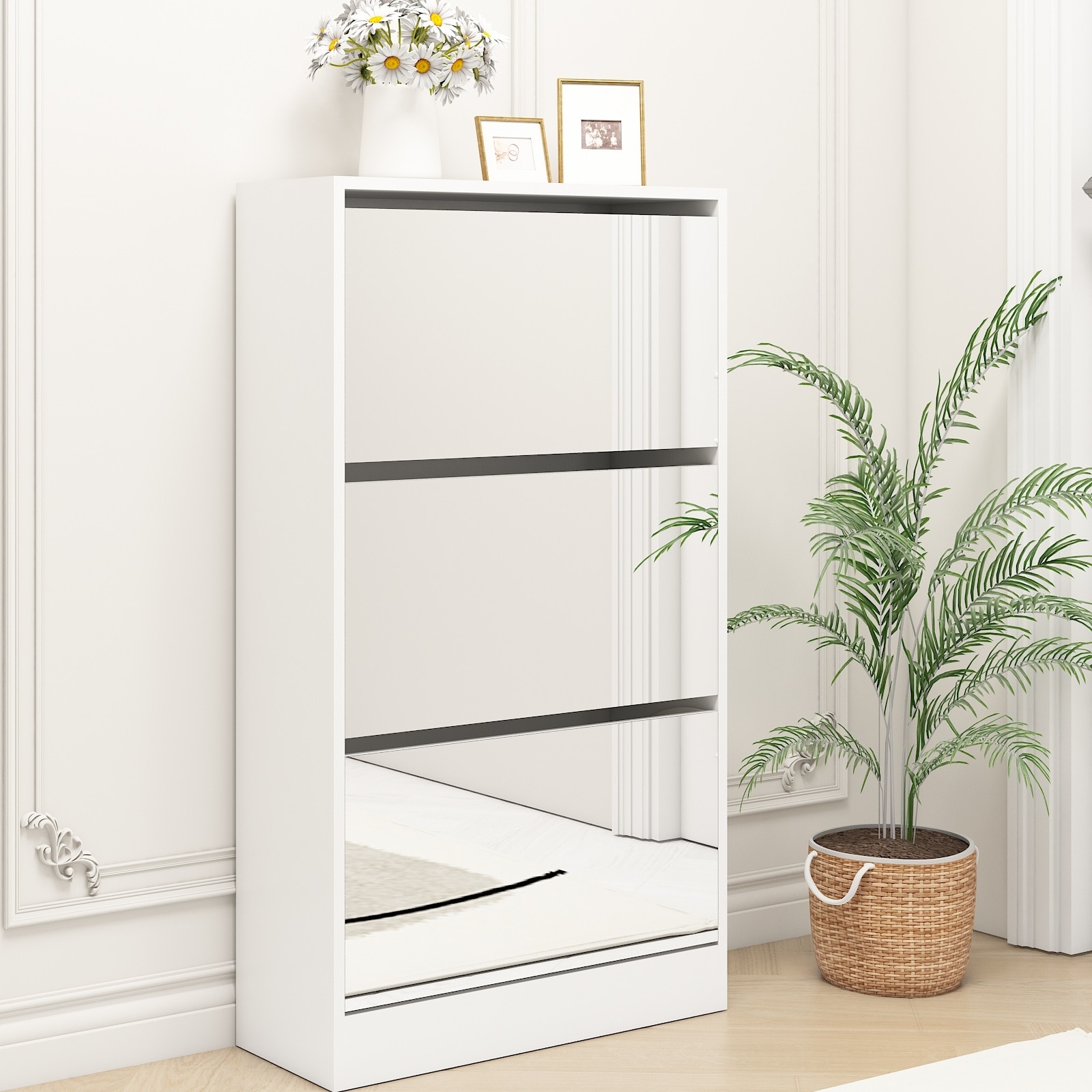 Narrow Shoe Storage Cabinet with Mirror Wood Slim Shoe Rack 3 Tier Shoe Organizer for Home and Apartment White Bed Bath Beyond 41147060