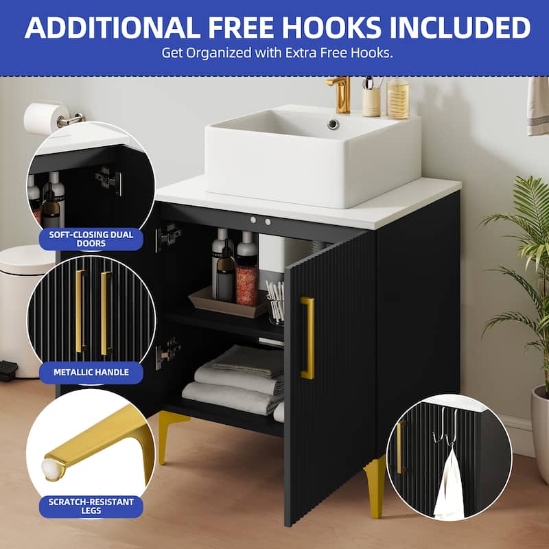 Freestanding Bathroom Vanity with White Stone Top Soft Close Doors and Gold Accents