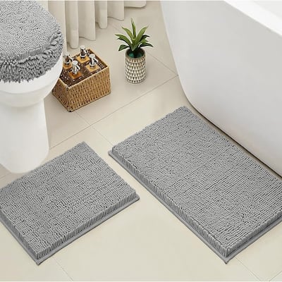 3 Piece Set Light Grey Soft Cozy Plush Chenille Bath Mat Bathroom Rug