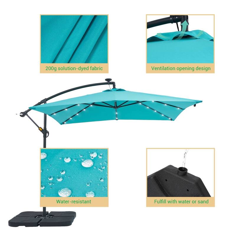 LIVOOSUN Solar Powered 8.2ft LED Patio Offset Umbrella With Base