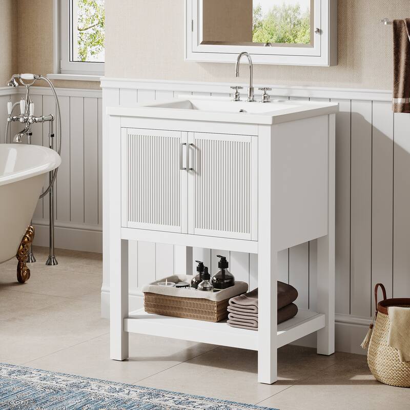24" Single Bathroom Vanity with Ceramic Sink, Solid Rubberwood Frame & Open Storage Shelf
