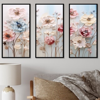 Designart "White And Pink Floral Wonderland" Floral Framed Wall Art Set of 3 - Traditional White Wall Art Decor 3 Pieces