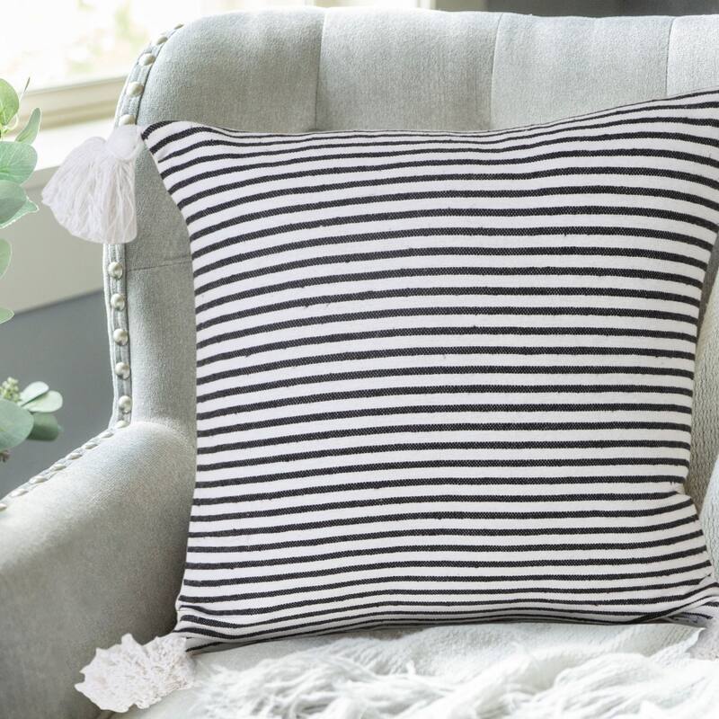 20" White and Black Striped Tassels Square Throw Pillow