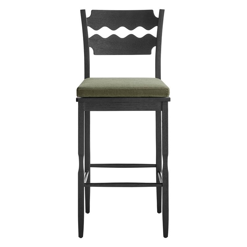 Jax Oak Wood Bar Stool With Wavy Razor Back and Cushion
