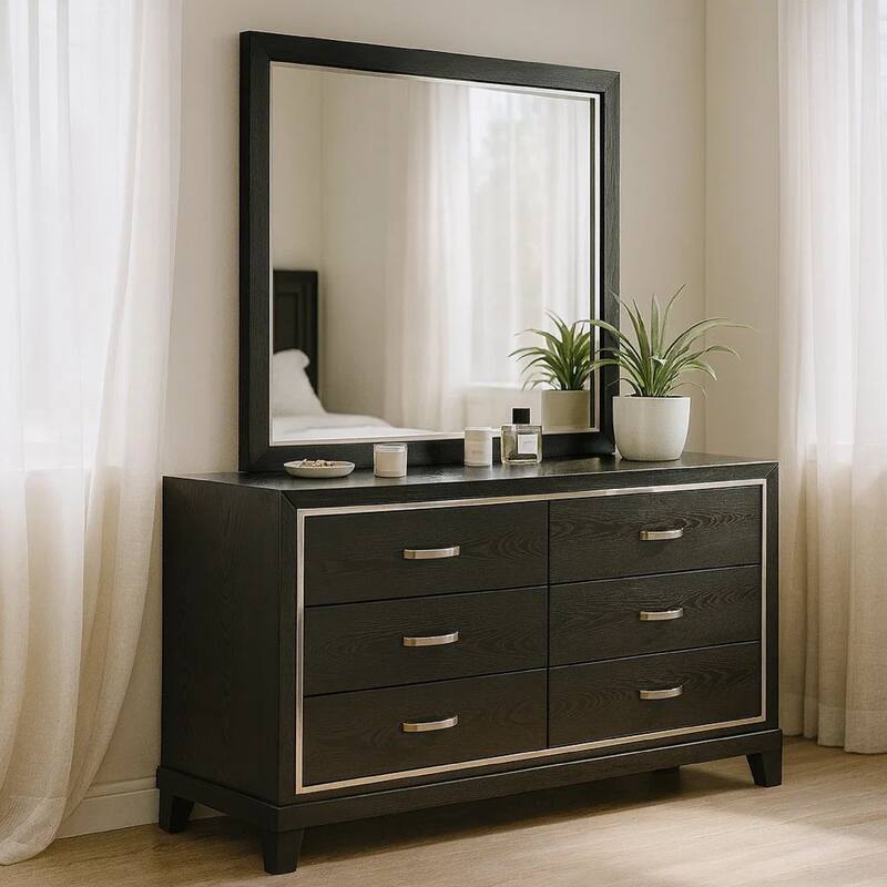 Lyla Wide Dresser, Silver Trim, 6 Drawer, Tapered Legs, Black Wood