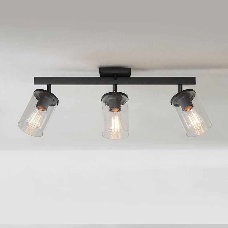 24" 3-Light Track Lighting, Matte Black, Seeded Glass Shades, Pivoting Track Heads - 4.7"