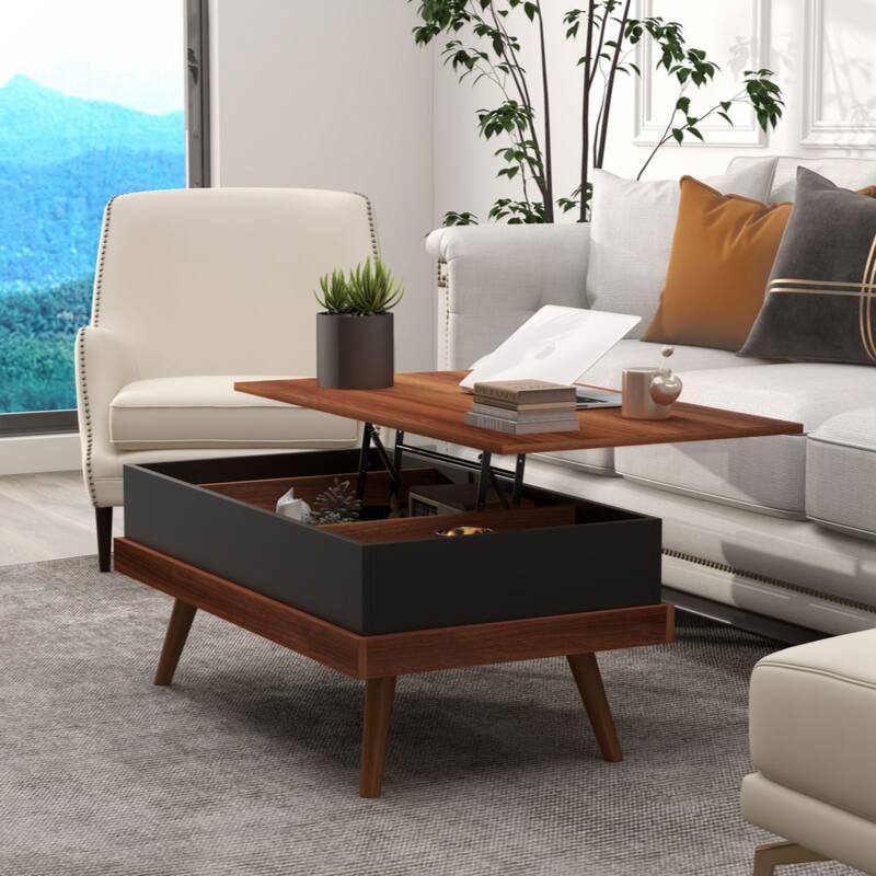 Lift Top Coffee Table, 39.25" Coffee Table with Hidden Compartments and Wood Legs, Walnut