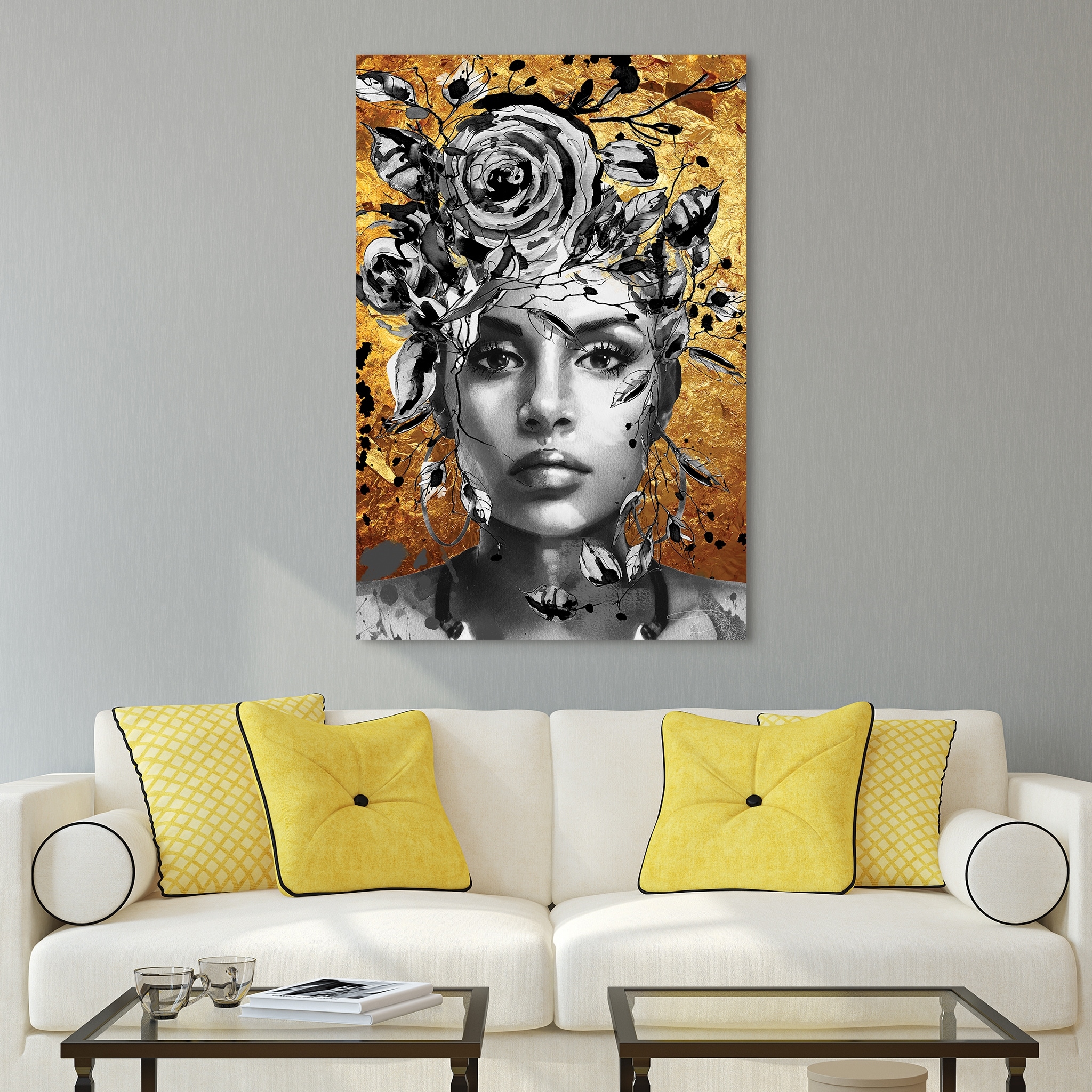 "Beautiful Woman & Flowers" Frameless Free Floating Tempered Glass Panel Graphic Wall Art 32 in. x 48 in.