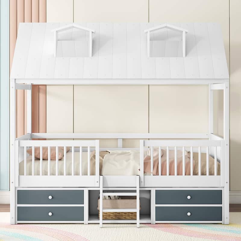 Full Size Wooden House Bed Frame with Roof Skylights, Drawers and Shelves, Kids Playhouse Bed with Ladder, Storage, and Fencing