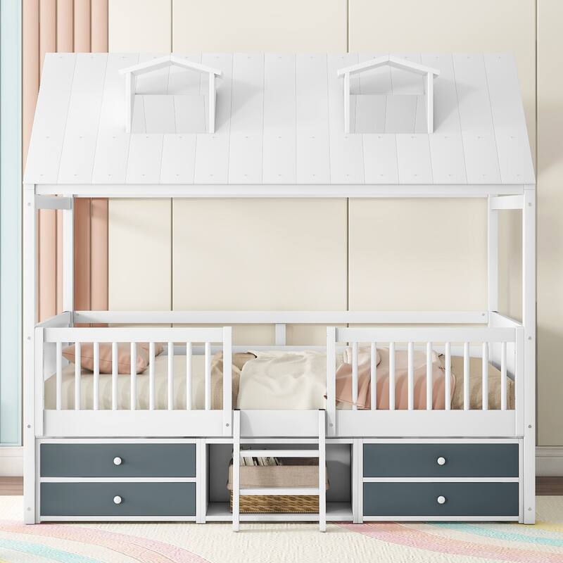 Twin/Full Size Wooden Platform Bed with 4 Drawers and Shelf, Pinewood House Bed Frame with Roof Skylights and Guardrail
