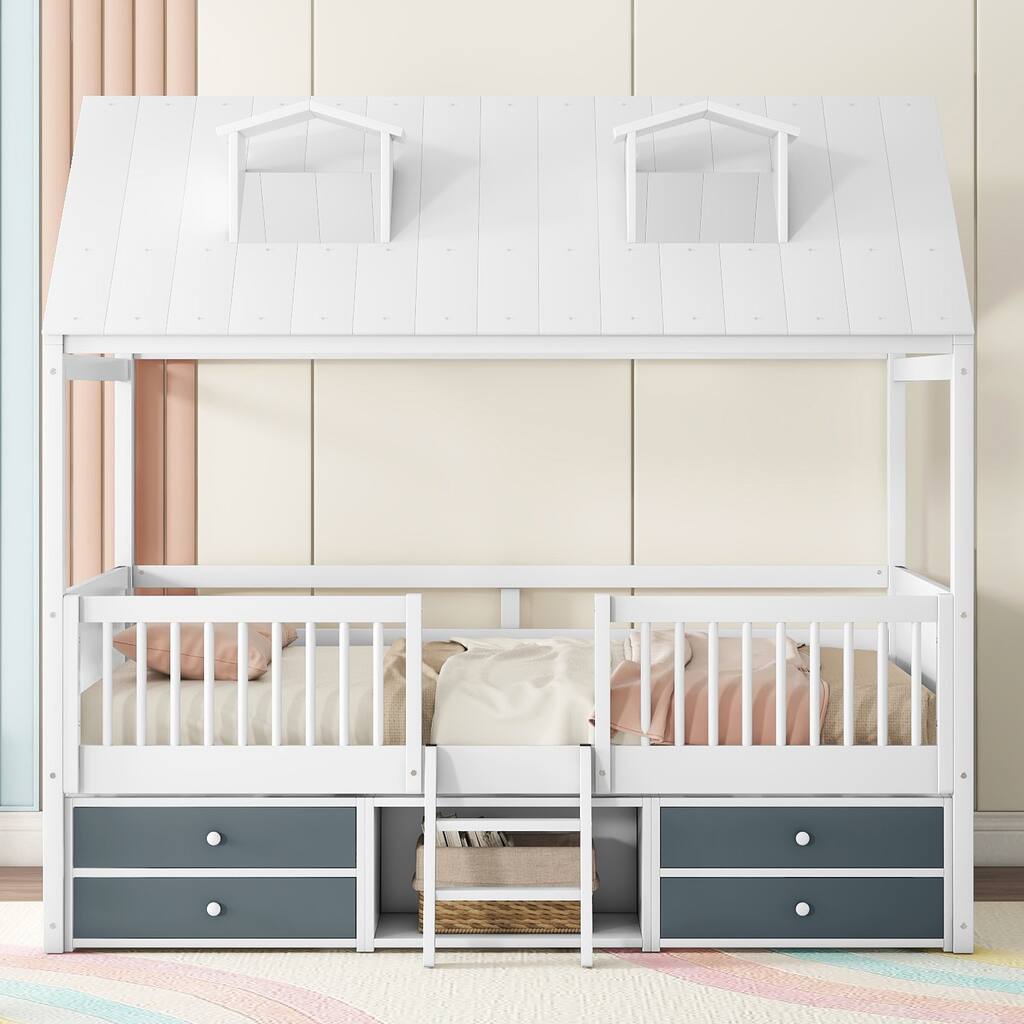 Wood House Bed with Fence & Roof
