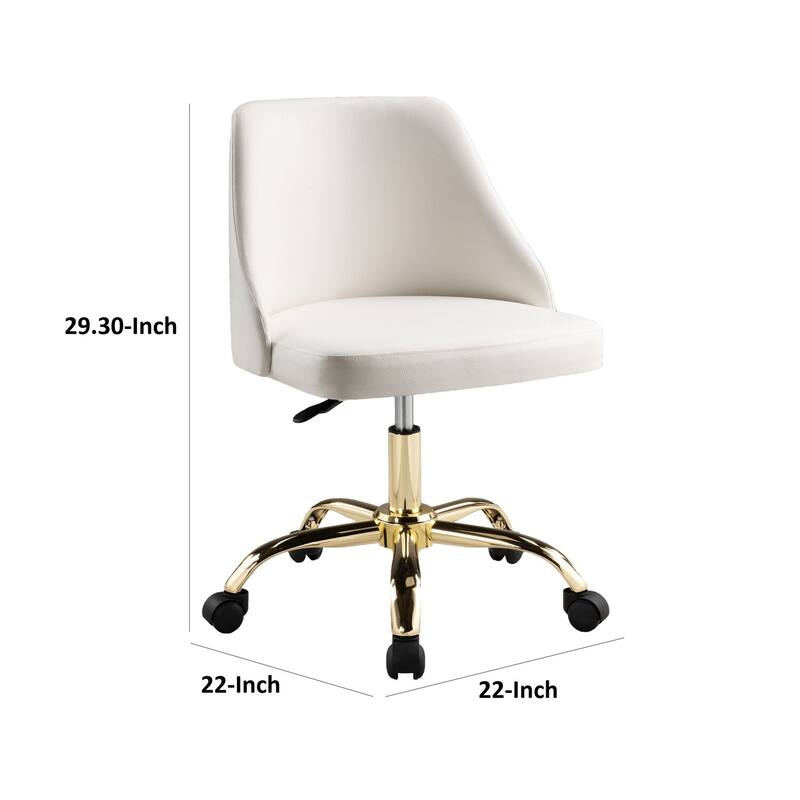 White Faux Leather Swivel Office Chair with Square Cushions, Adjustable Height and Gold Metal Base