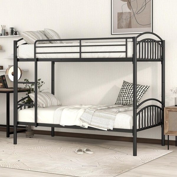 slide 2 of 15, Elegant Twin Over Twin Kids Bed Metal Bunk Bed with Stair,Guardrails and Divided into Two Beds Black