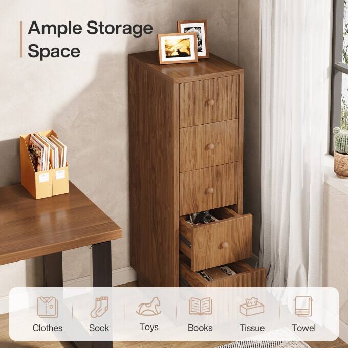 39.4" Tall Narrow Dresser Chest, Rustic 5-Drawer Storage Cabinet