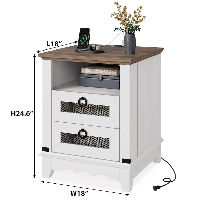 Farmhouse Nightstand 18" inch Side Table with Charging Station Bedside Table with 2 Drawers Night Stand