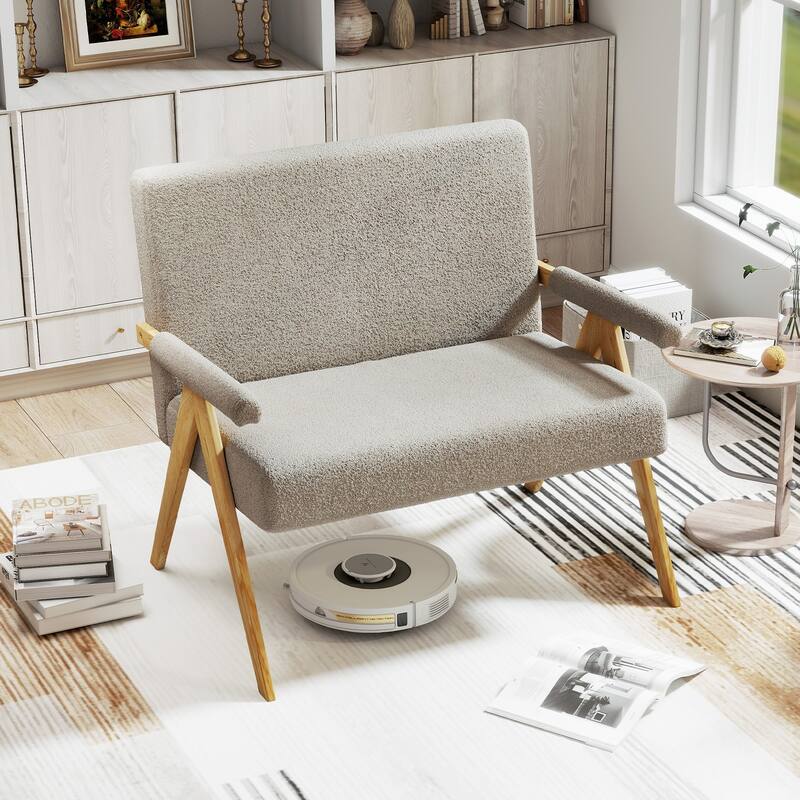 Sherpa Fabric Rubber Wood Loveseat Sofa with Cushions and Ergonomic Design - 47" x 29" x 36"