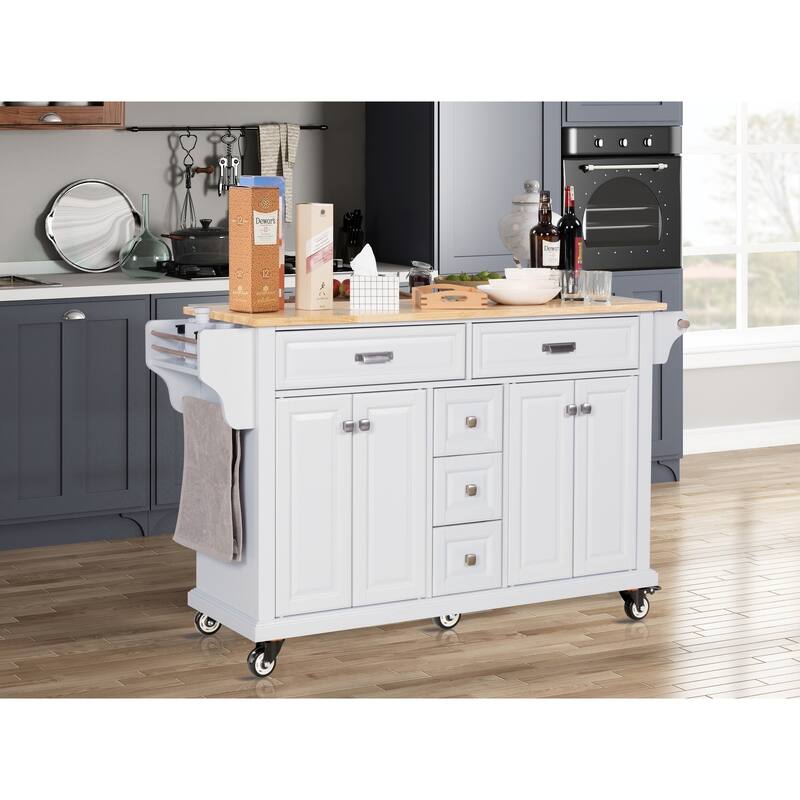 Kitchen Island with Rubber wood Countertop, Kitchen Cart on 5 Wheels with Storage Cabinet and 5 Drawers for Dinning Room - White