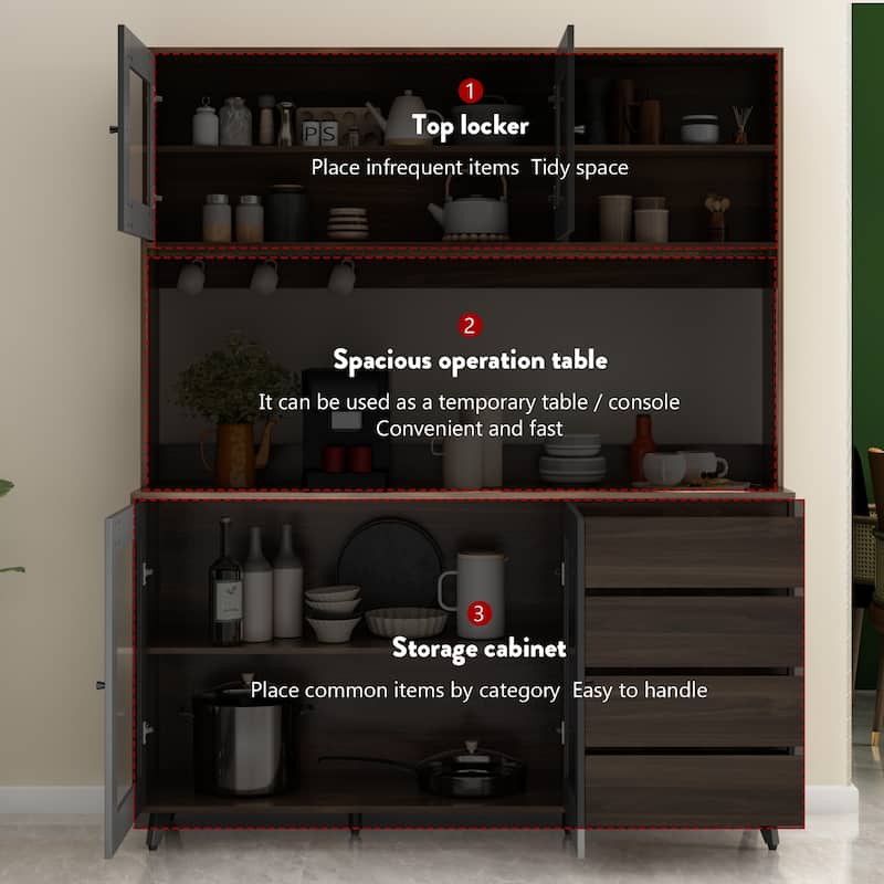 63"W 74.8"W Buffet with Hutch, Freestanding Kitchen Pantry