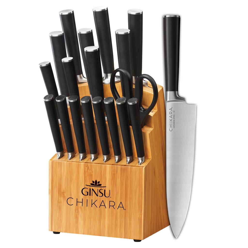 Ginsu Chikara Series Forged 19-Piece 420J Stainless Steel Knife Set, Bamboo Block