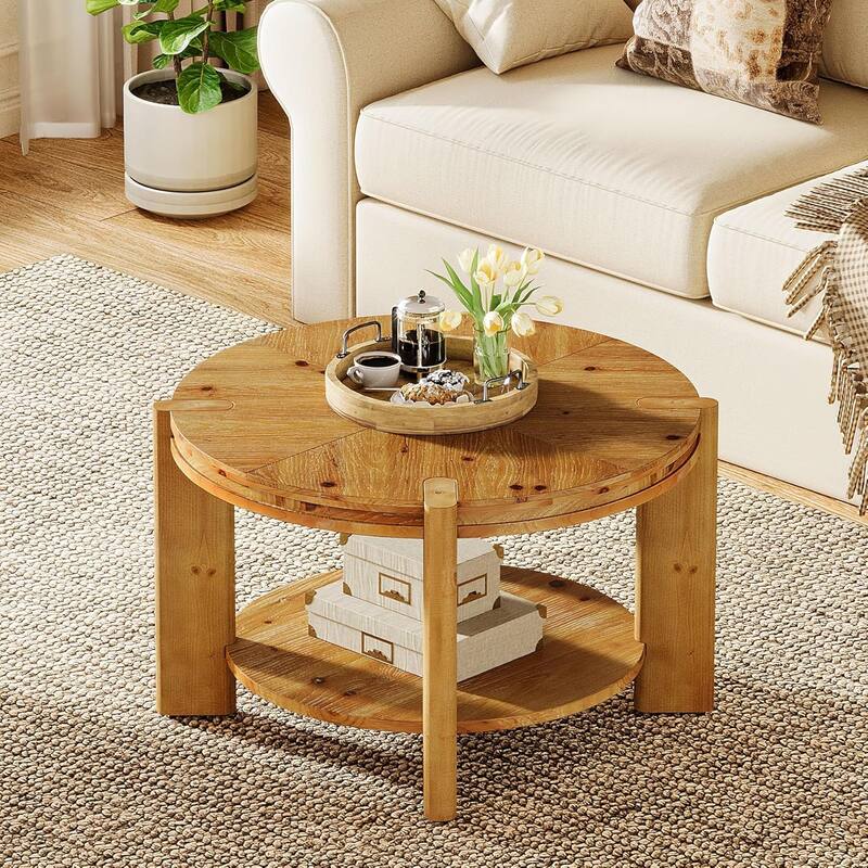 Farmhouse 2-Tier Round Solid Wood Coffee Table, 31.5" Circle Accent Center Tables for Living Room - Brown