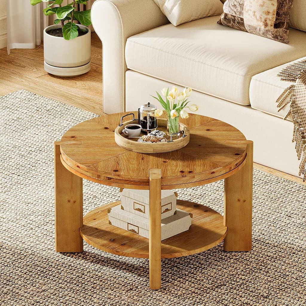 Farmhouse 2-Tier Round Solid Wood Coffee Table, 31.5" Circle Accent Center Tables for Living Room