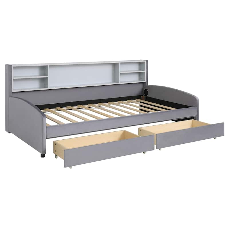 Twin Size Daybed Upholstered Platform Bed with Storage Shelf Headboard and 2 Drawers, Wood Daybed Frame with Curved Armrest