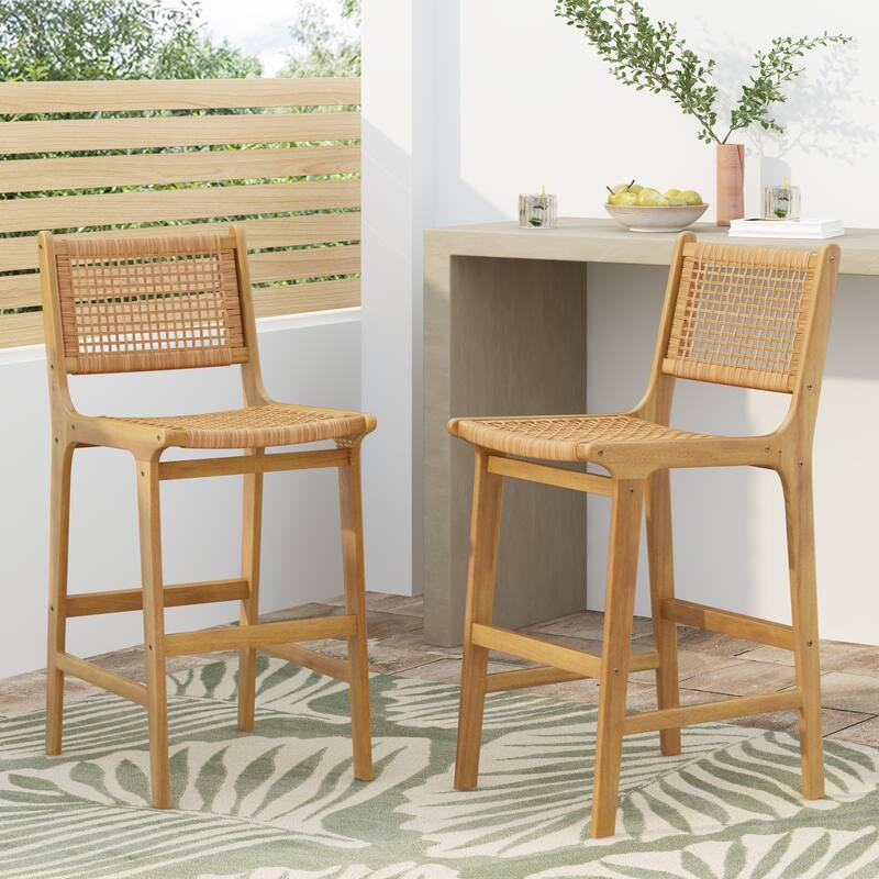 Christopher Knight Home - Betty Outdoor Acacia and Wicker Bar Stool Set of 2 - Light Teak+Brown Wicker