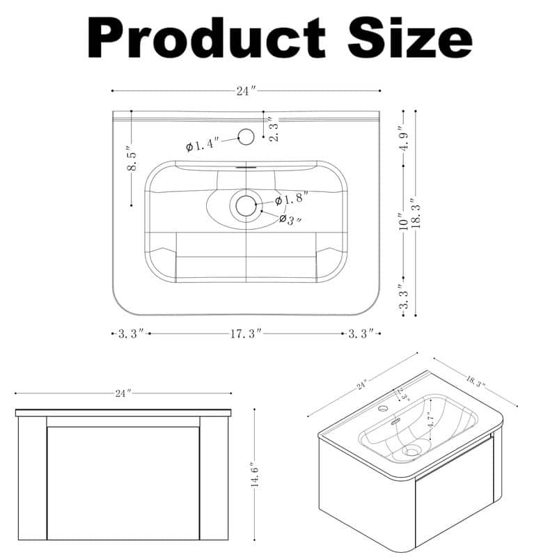Floating Bathroom Vanity with Ceramic Sink Top Wall Mounted Cabinet