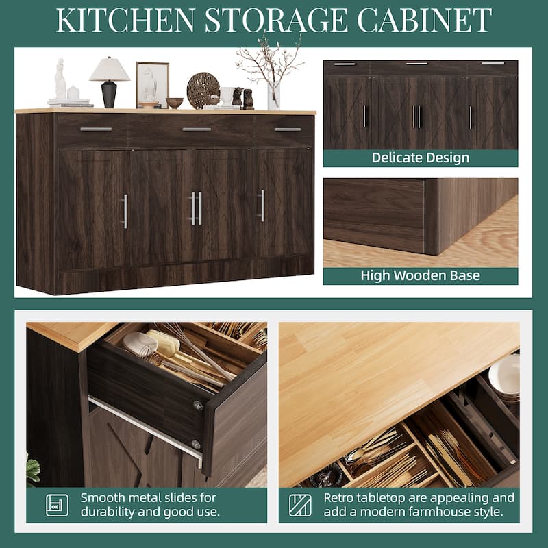Kitchen Buffet Sideboard Storage Cabinet with Adjustable Shelves, Retro Design(3 Color Options)