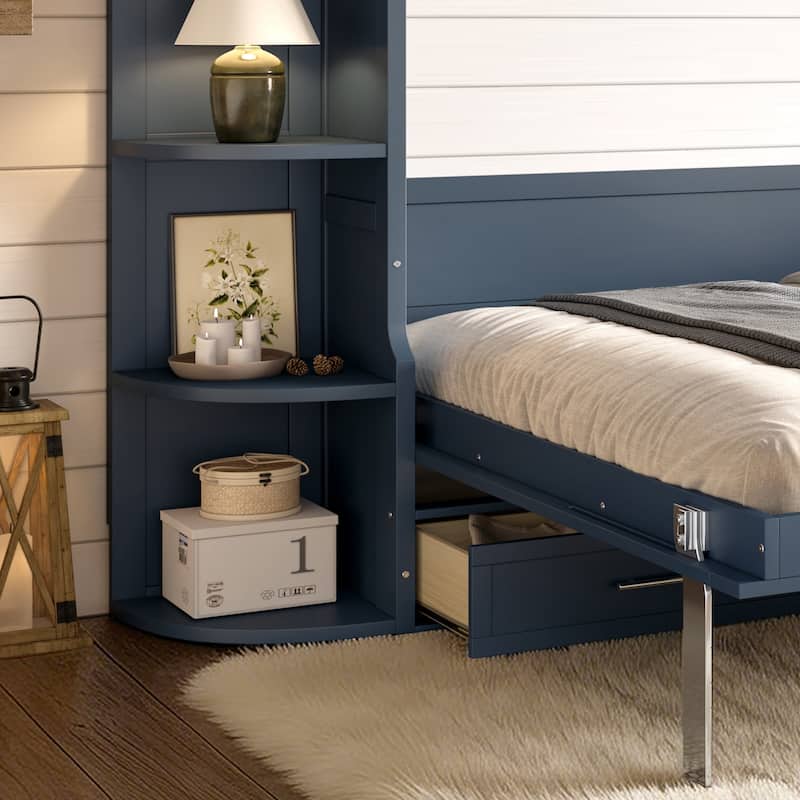 Murphy Platform Bed with Side Cabinets & Drawers, Wall Bed with Shelf for Home Office, Queen or Full