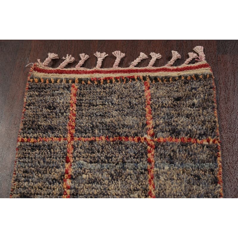 Geometric Checkered Moroccan Oriental Runner Rug Handmade Wool Carpet - 1'10" x 17'3"