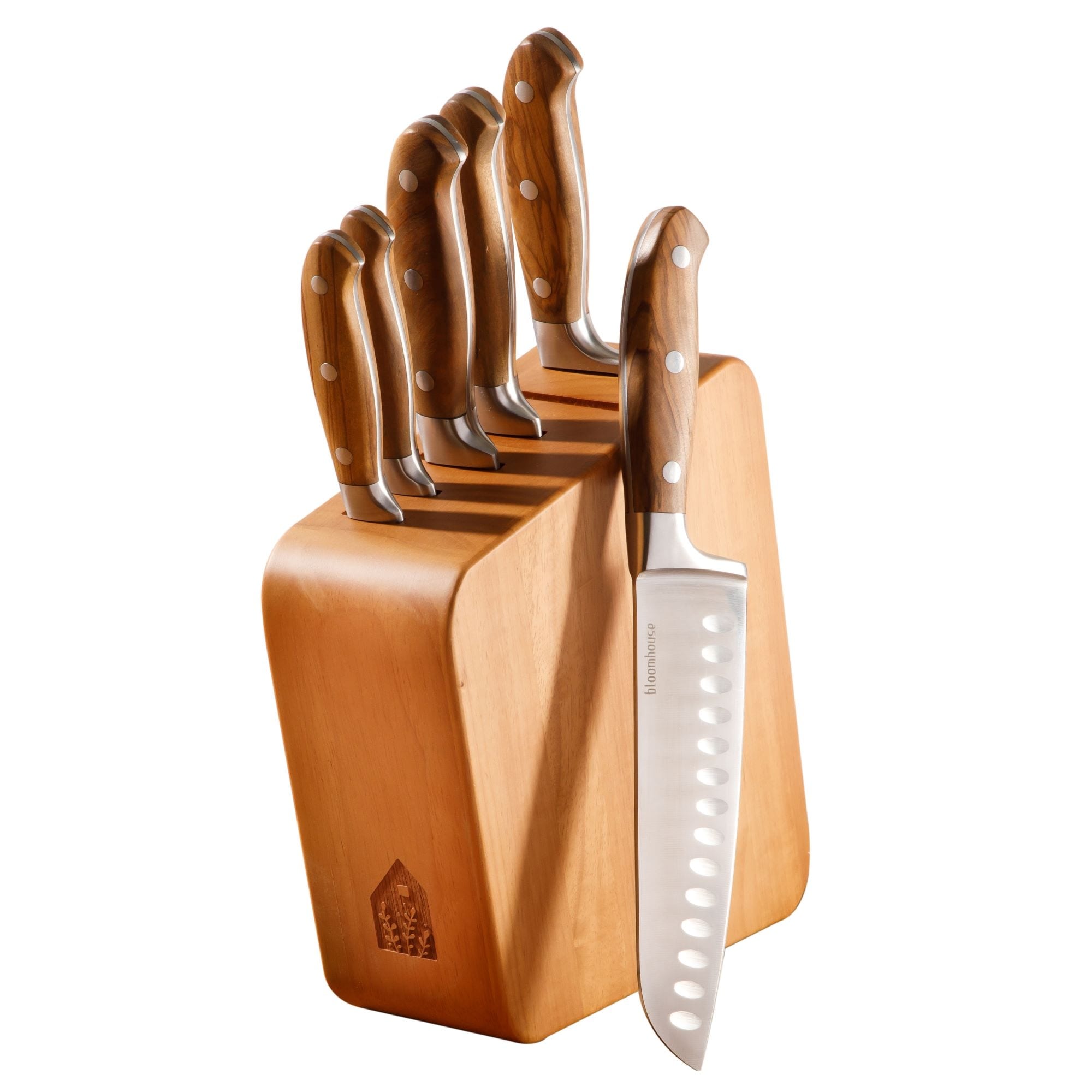 Bloomhouse 7 Piece Italian Olive Wood Knife Block Set W/ German Steel Forged Knives