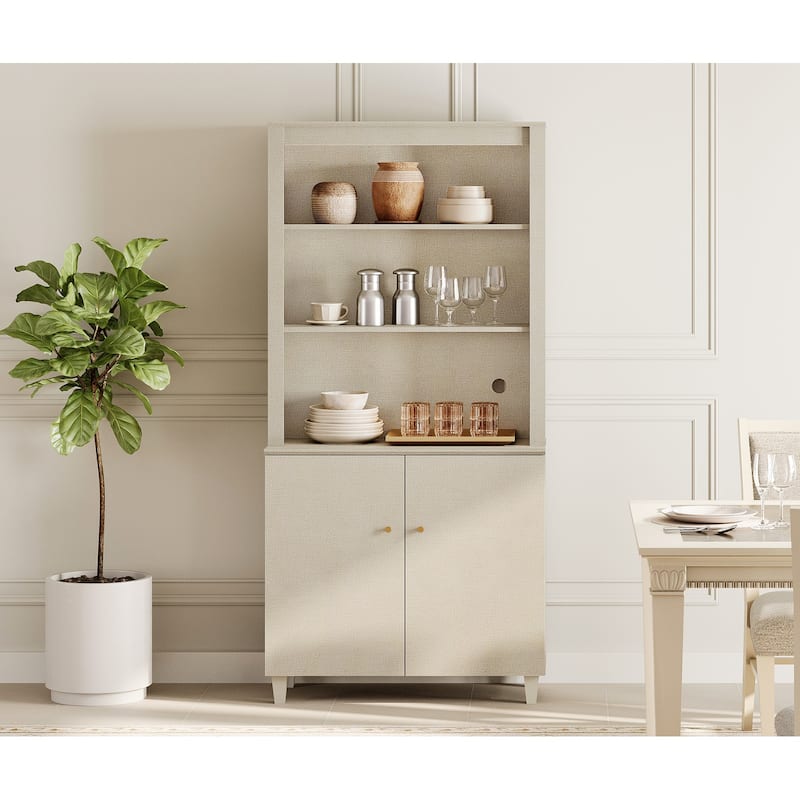 Modern 71" Tall Pantry Cabinet with Doors & Shelves for Dining Room - 2 Doors - Beige Linen Printed