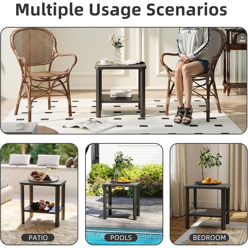 Outdoor Side Table & End Table, 2-Tier Waterproof Resin Patio Table, Square End Table with Shelf for Porch, Balcony, Garden