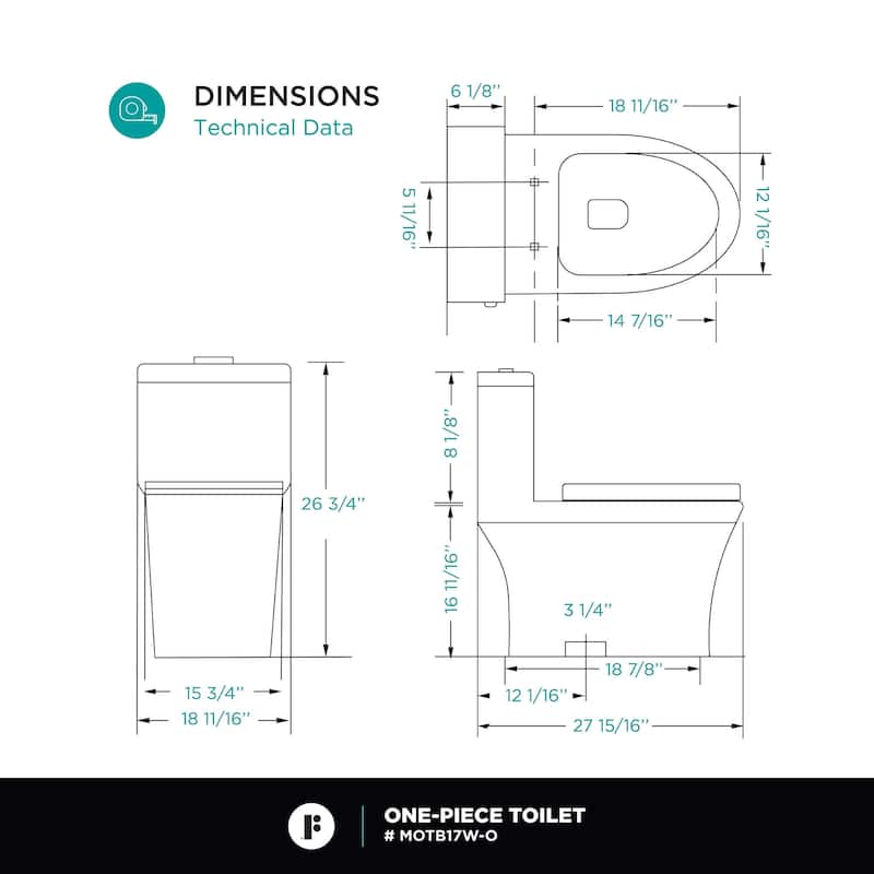 Fine Fixtures Dual-Flush One-Piece Toilet With High-Efficiency Flush, 12" Rough-in, Elongated bowl