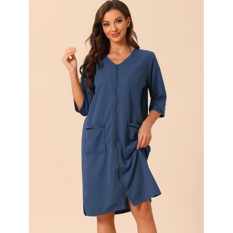 Women's Waffle Robe 3/4 Sleeves Spa Bathrobe Loungewear Zipper Up Robes - Blue - L