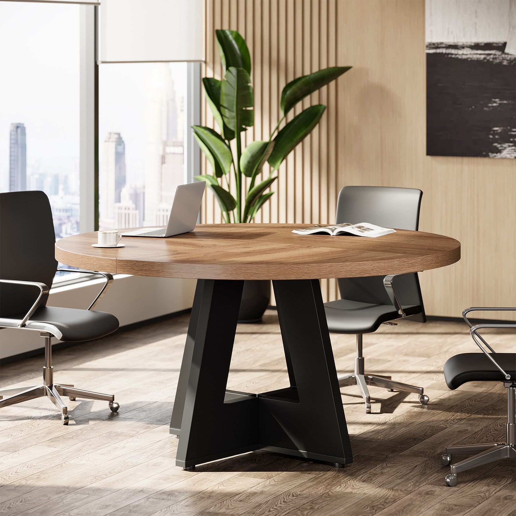 47" Round Conference Table Meeting Room Table with Thickened Top Wood Base Modern Training Desk for Conference/Seminar Room