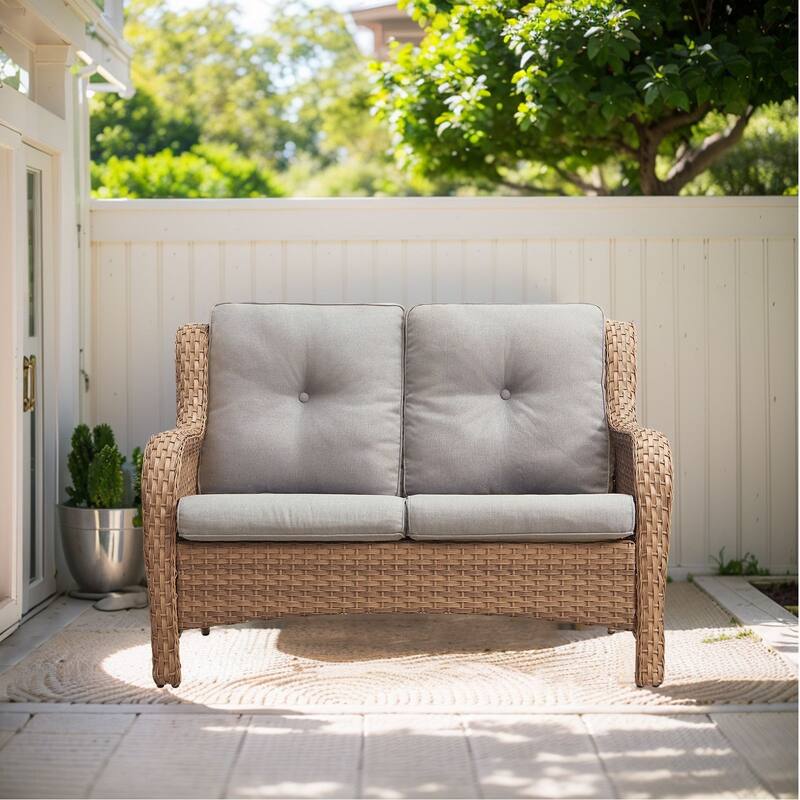Outdoor Loveseat Sofa 2-Seat PE Rattan Patio Love Seat
