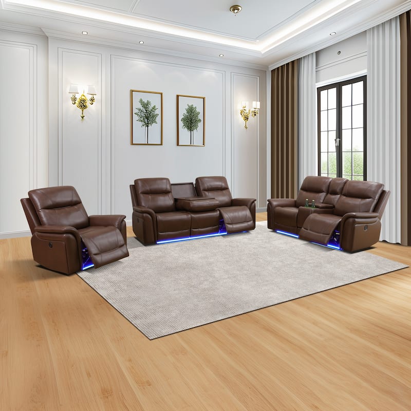 Reddish Brown Breathing Leather 3-Piece Living Room Recliner Sofa set