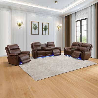 Reddish Brown Breathing Leather 3-Piece Living Room Recliner Sofa set