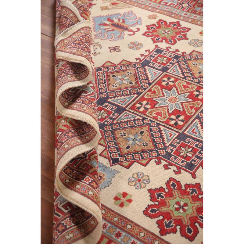 Ivory Geometric Kazak Area Rug Hand-Knotted Wool Carpet - 6'9" x 9'10"
