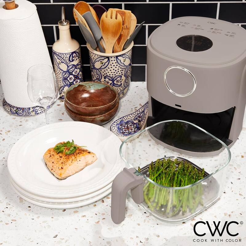 COOK WITH COLOR 1200W Air Fryer: Glass Basket, Dishwasher Safe, 60min Timer, 6 Presets, Temp Control 175F-400F, 4 - 5.5 QT