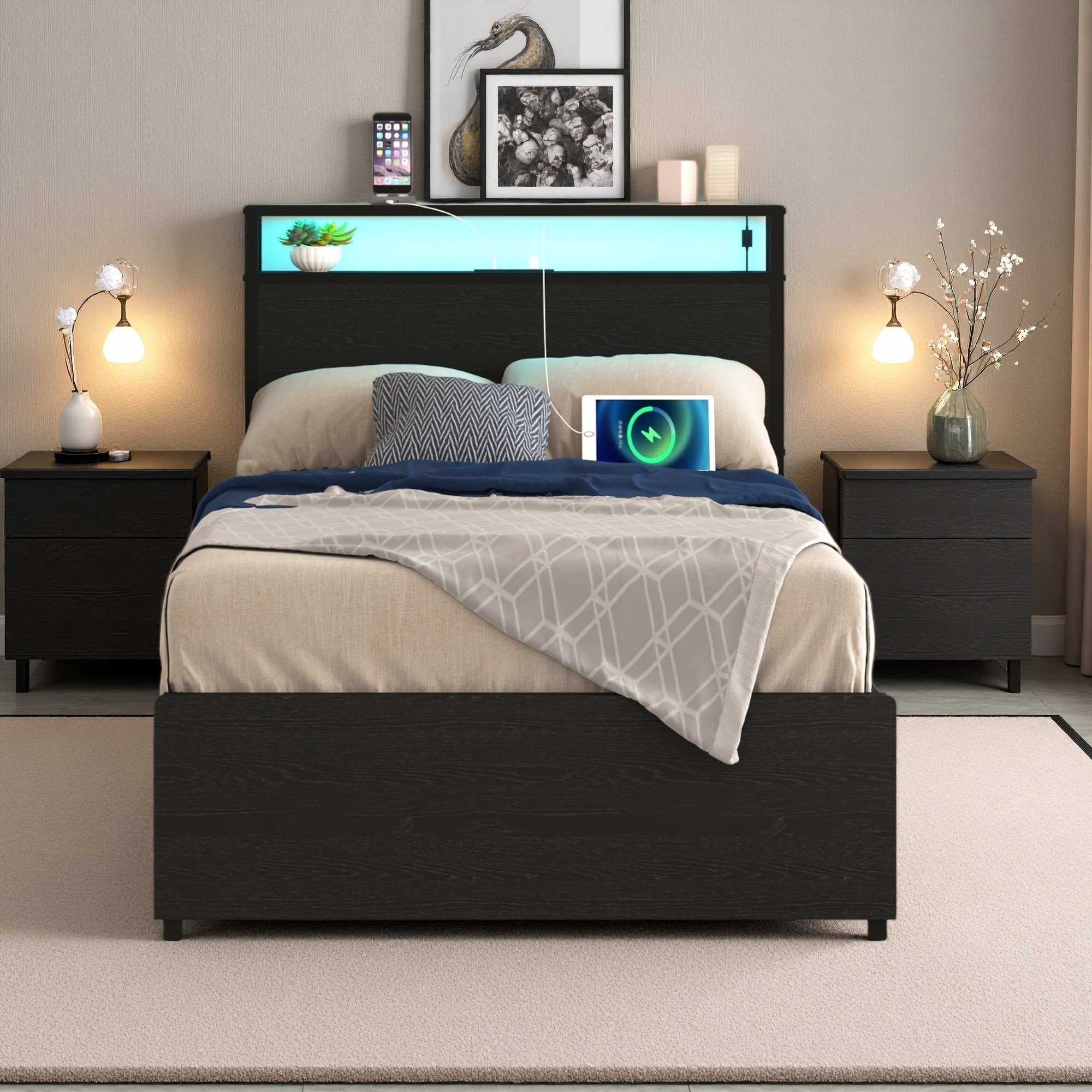 Metal Storage Bed Frame with Storage Headboard, Charging Station, 4 Drawers, and LED Lights