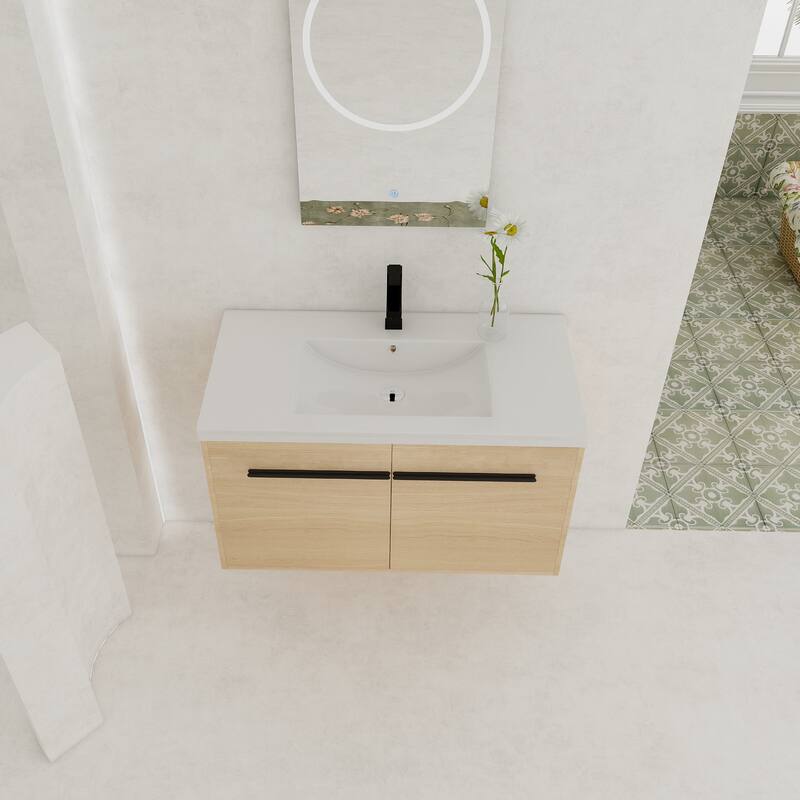 GDFStudio - Levistar Modern Wall-Mounted Bathroom Vanity Set with Scratch-Resistant Resin Sink & Soft Close Doors