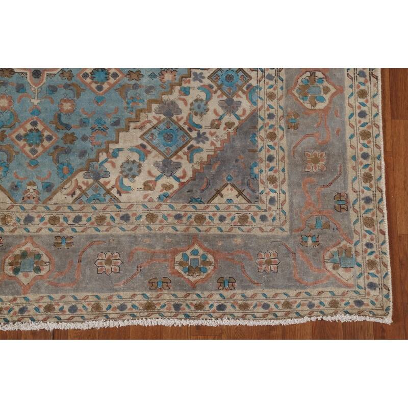 Blue Over-Dyed Tabriz Persian Vintage Rug Hand-Knotted Wool Carpet - 6'9"x 9'9"