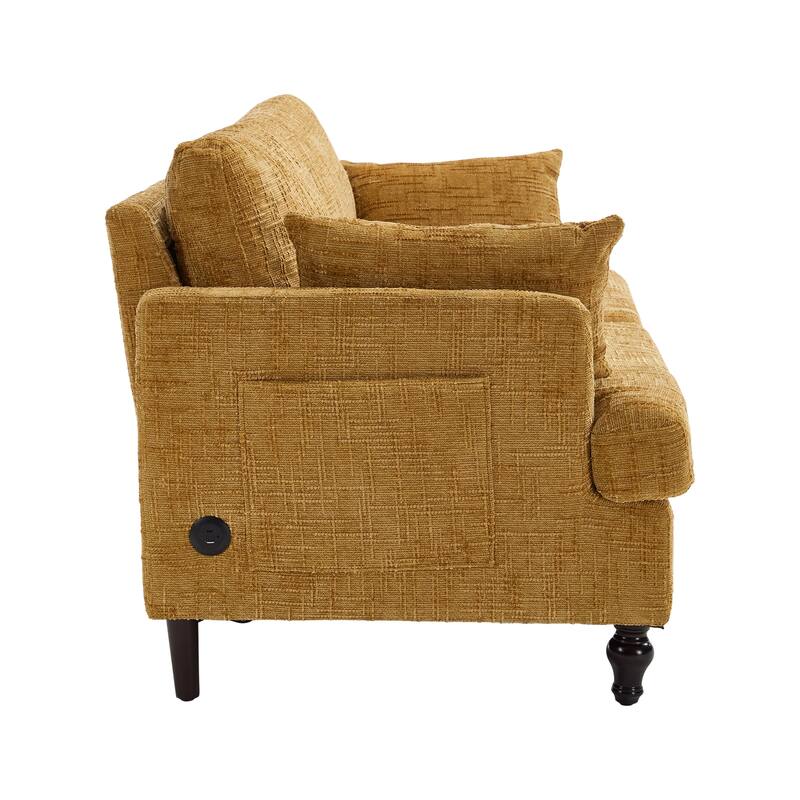 Modern Style Chenille 2-Seater Wood-Legged Sofa With Led Light,USB Charging Port And Storage Bag Living Room Bedroom Study Room
