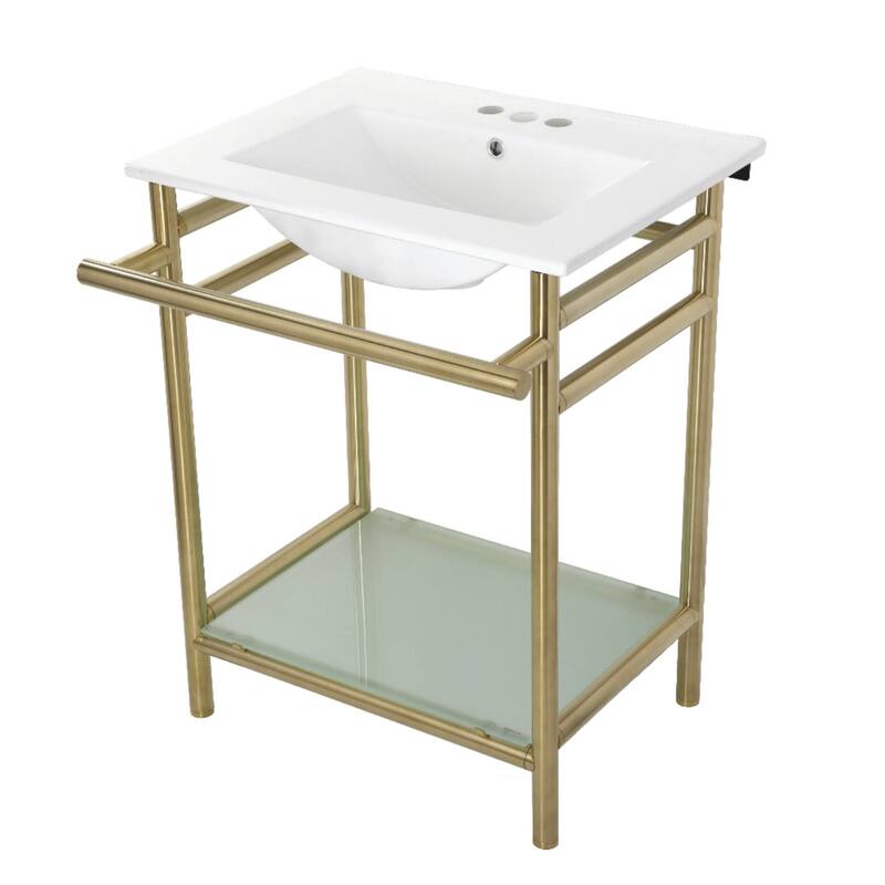 Kingston Brass 24" Rectangular Ceramic, Glass, Stainless Steel Console - White / Brushed Brass